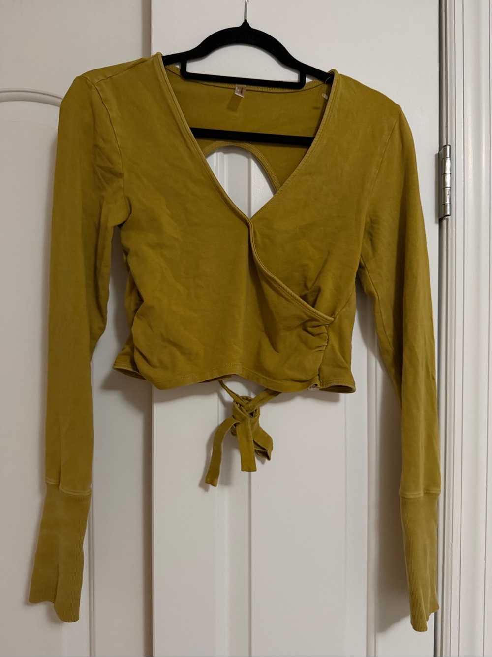 Free People Mustard Wrap Long-Sleeve Crop Top with Tie